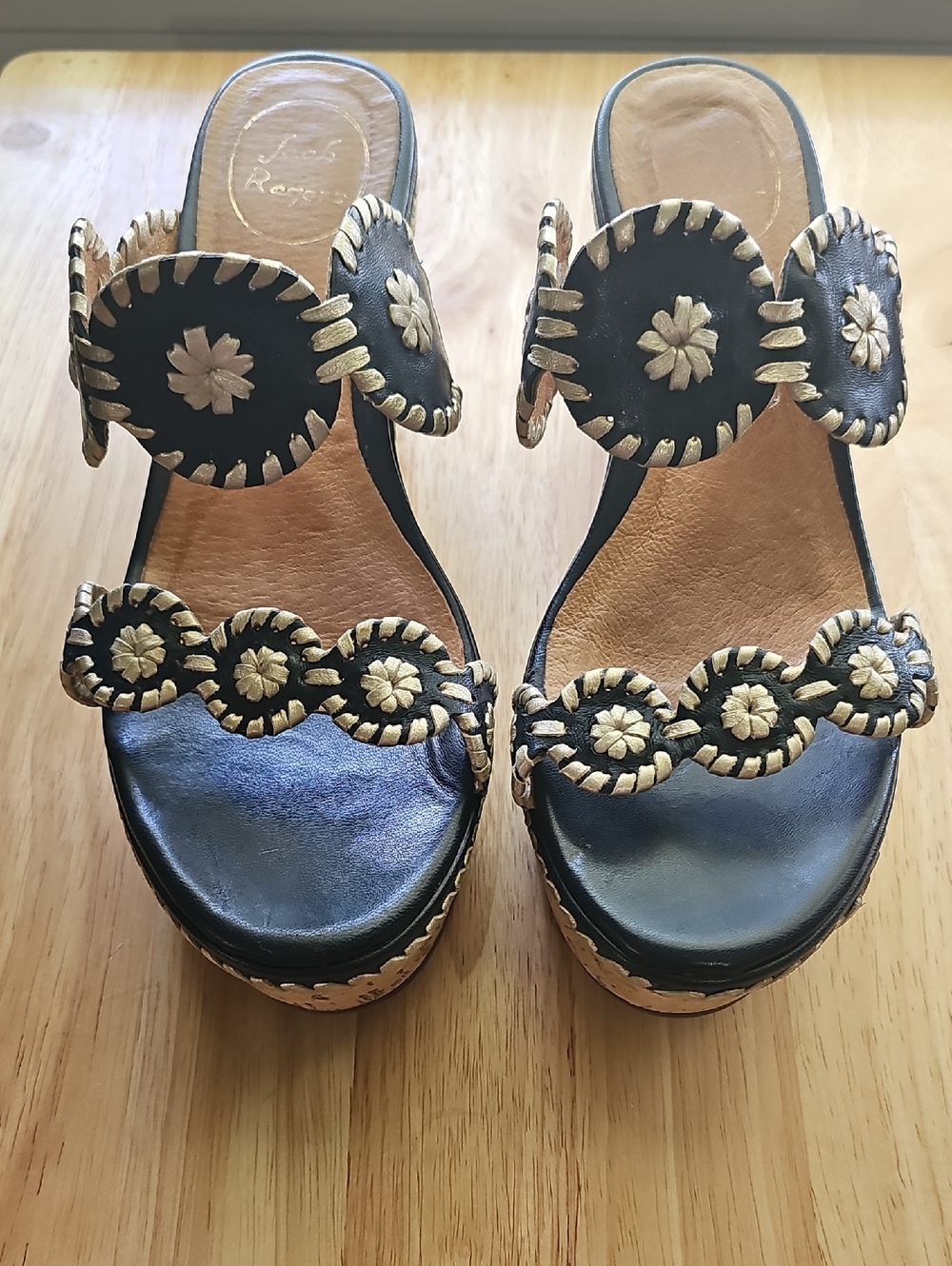 Jack Rogers Black and Cream Scalloped Embroidered Platform Sandals